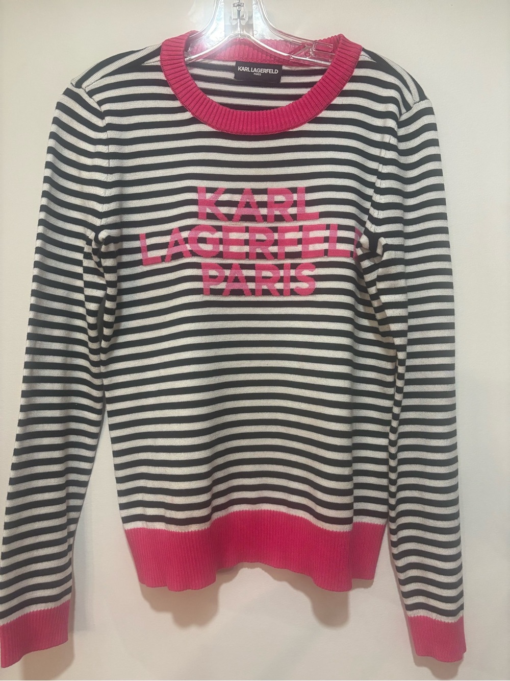Karl Lagerfeld Black & White Striped Sweater with Pink Trim and Logo NWOT